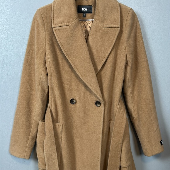 Dkny Wool Blend Double Breasted Single Button Belted Tan Midi Coat size S - Picture 10 of 16